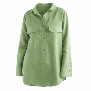 Chemise en lin menthe pour femme, à manches longues, boutonnée, coupe décontractée, avec poche et détail illusion, teinte unie, pour usage quotidien - Product Image 1