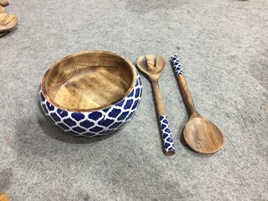 Wooden Salad Bowl Set with Matching <b>Serving</b> <b>Tongs</b> and a Unique Porcelain Design. Large 10x4 Inch - Product Image 5