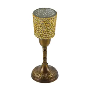 Newly Classic Brass Metal Candle Holder With Golden color Mosaic Glass For Tableware Decor And Christmas Decor Candle Stand