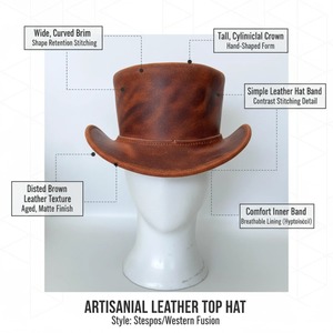 Brown Leather Top Hat High Crown Vintage Distressed <b>Fedora</b> Hat for <b>Men</b> Classic Formal Party Costume - Product Image 2