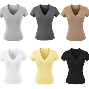 Women's V-Neck Short Sleeve Slim Fit <b>Woolen</b> Logo Print Patchwork T-Shirt Solid Color Casual Breathable Regular Length All - Product Image 2