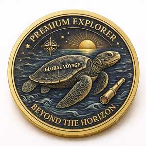 Moneda Conmemorativa 3D Personalizada con Relieve, Diseño de Tortuga Marina en Oro Antiguo, Detalle Escultural Premium, Hecha en Vietnam, Servicio OEM - Product Image 1