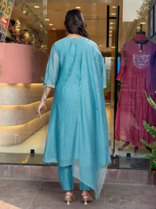 Women's Sky Blue Color Straight Chanderi Silk <b>Kurti</b> with Chanderi Pant Best Quality Organza digital Print Dupatta Sets - Product Image 6