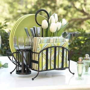 Étagère de rangement de cuisine moderne en métal avec porte-assiettes et organiseurs de couverts pour vaisselle, type sur pied, design multifonctionnel - Product Image 5
