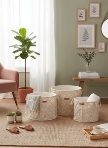 Round Set of 3 Macramé Boho Laundry <b>Baskets</b> with Handles Handmade Cotton Rope <b>Storage</b> <b>Basket</b> <b>for</b> Home Décor & Organizer - Product Image 2
