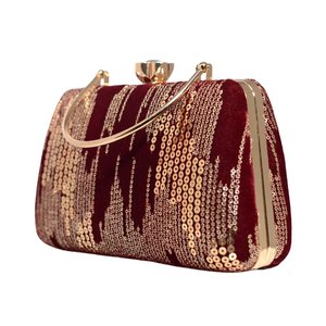 Golden <b>Sequins</b> Maroon Embroidery Clutch Elegant Floral <b>Handbag</b> for Wedding and Party Occasions - Product Image 2