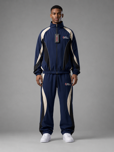 Survêtement pour homme Fly Numble bleu marine, taille élastique, design sportif bicolore, séchage rapide, 100% nylon, léger, à capuche, imprimé léopard - Product Image 1