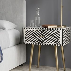 Black and White Pattern Nightstand Gold Legs Bedside <b>Table</b> Drawer <b>Storage</b> <b>Side</b> Cabinet for Bedroom Living Room - Product Image 3