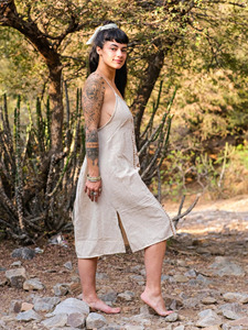 Vestido maxi de algodón Khadi con estampado a mano, vestido de verano sin mangas estilo bohemio, escote pronunciado favorecedor, vestido de tela Khadi tejido a mano. - Product Image 3