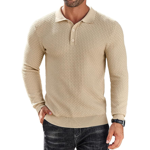 Men's Knitted Long Sleeve Polo Sweater Solid Color Autumn Casual Pullover Full Sleeve Button Closure <b>Beige</b> - Product Image 1