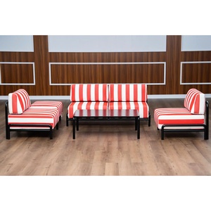 Modern Outdoor Steel <b>Sofa</b> <b>Set</b> with Red White Striped Cushions Contemporary Garden Furniture Durable Patio Seating - Product Image 2
