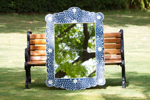 Handmade Blue Color Bone Inlay <b>Mirror</b> <b>Frame</b> Attractive Floral Design Wood Material Wall <b>Mirror</b> Usage for Home Decor Reasonable - Product Image 2