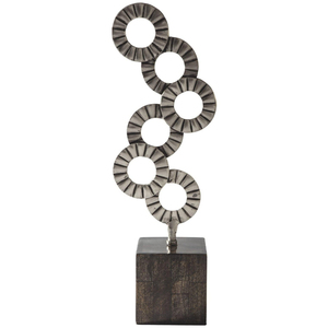 Luxuries Metal <b>Ring</b> Sculpture Home Decor Accent Piece Silver Finish Stacked <b>Circle</b> Art On Black Wooden Base Tabletop Ornament - Product Image 1