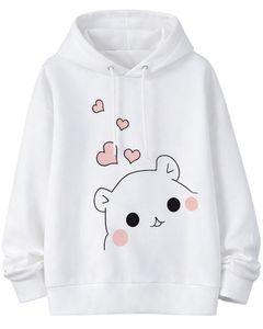 Conjunto de Sudadera con Capucha Blanca con Estampado de Dibujos Animados y Pantalones Deportivos Negros para Mujer, Sudadera de Forro Polar con Pantalones a Juego, Atuendo Informal y Bonito - Product Image 1