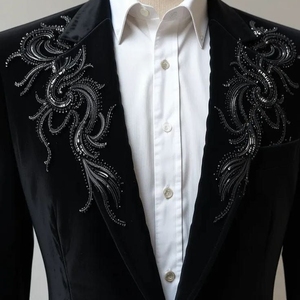 Handmade Navy Blue Silk <b>Jacket</b> Shoulder Embroidery Flower Applique <b>Sequin</b> Beaded Decorative Patch For Women - Product Image 4