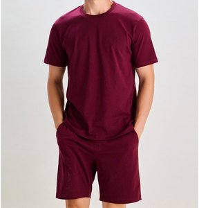 Men's <b>Maroon</b> Short Sleeve T-Shirt Crew Neck Solid Color Casual Summer Breathable 100% Cotton Shorts Set Regular Fit - Product Image 3