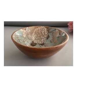 Bol de service rond en bois écologique, imprimé vintage, avec incrustation émaillée, pour salade, fruits, mélange, pour restaurant, décoration maison - Product Image 1