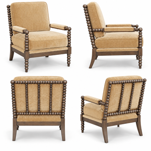 Fauteuil d'appoint rembourré avec structure en bois foncé et accoudoirs rembourrés, fauteuil traditionnel en velours - Product Image 4