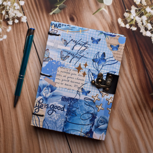 A5 Blue Aesthetic Collage Design Handmade Paper Notebook Lock Diary 100 Pages Double Side Writing Eco Friendly Premium Journal - Product Image 5