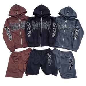 Ensemble short et sweat à capuche zippé à impression bouffante avec logo personnalisé Ensemble de survêtement deux pièces de grande taille pour hommes Ensemble short de survêtement deux pièces - Product Image 1