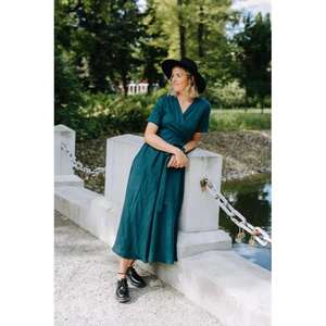 เดรสยาวทรงวีคอ แขนพอง ผ้าฝ้ายรักษ์โลก ทรงหลวมสบาย พร้อมเข็มขัด สำหรับผู้หญิง - Product Image 3