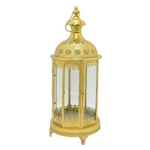 Faroles curvos de metal dorado, composición duradera de metal y vidrio, acabado de latón brillante antiguo para decoración del hogar y bodas. - Product Image 5