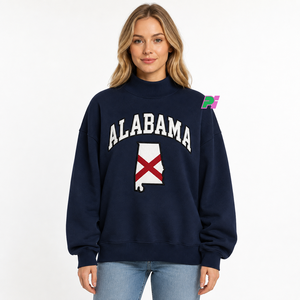 เสื้อสเวตเชิ้ตคอเต่าผู้หญิง ลายปักอักษร ALABAMA พร้อมแผนที่รัฐ ผ้าฟลีซหนานุ่ม ทรงโอเวอร์ไซส์ ผ้าฝ้าย 100% สไตล์สตรีทแวร์ - Product Image 1