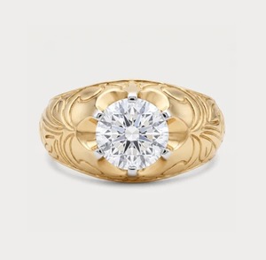 14K Yellow <b>Gold</b> 1.55 CT Round Lab Grown Diamond <b>Vintage</b> Engraved Signet <b>Ring</b> for Men - Product Image 1