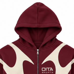 Burgundy Contrast Panel <b>Zip</b> Up <b>Hoodie</b> Men Streetwear Full Zipper Long Sleeve Casual Fleece Hooded Jacket With <b>Pockets</b> - Product Image 3