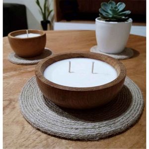Vela aromática personalizada al por mayor en cuenco de madera, vela artesanal de cera de soja con 3 mechas en cuenco de madera natural de Paulownia - Product Image 6