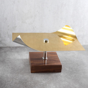 Modern Style <b>Cake</b> <b>Stand</b> Featuring A Curved Polished Gold Metal Wing Plate Atop A Square Natural Wooden Block Base <b>Stand</b> For Home - Product Image 2