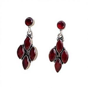 Natural <b>Red</b> Garnet Marquise Cluster Drop <b>Earrings</b> Silver Plated Brass Vintage Handmade Gemstone Gift for Women RUHAN GEMS ER-087 - Product Image 1