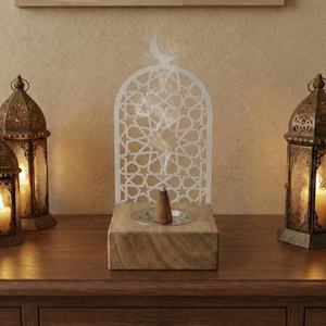 Brûleur d'encens en résine fait main avec un design géométrique islamique et un dessus en forme de lune pour usage religieux par Curio Craft - Product Image 4