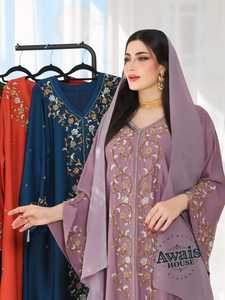 Awais House Women's Purple Embroidered Abaya V Neck Long Sleeve Floor Length Modest Dress Floral Pattern Rayon Material - Product Image 2