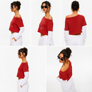 T-shirt court à épaules dénudées double couche avec imprimé strass et manches doubles, 100 % coton, coupe ample pour femme - Product Image 4