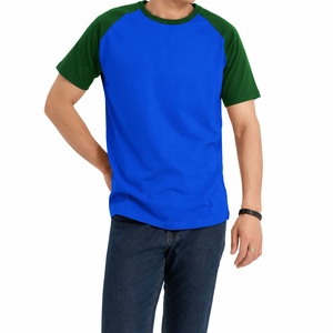 Men's Blue Green Raglan Sleeve O-Neck Regular Fit Spandex Jersey Eco-Friendly T-Shirt Solid Color Casual Style Contrast <b>Trim</b> - Product Image 5