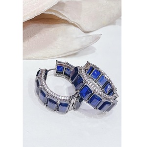 Elegant <b>Silver</b> Plated Geometric Hoop <b>Earrings</b> With Blue Emerald Cut Crystal Rhinestones For Women Party Wear - Product Image 1