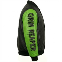 Veste d'hiver pour homme en cuir véritable noir et vert, coupe-vent, col mandarin, avec broderie tête de mort Grim Reaper, style streetwear