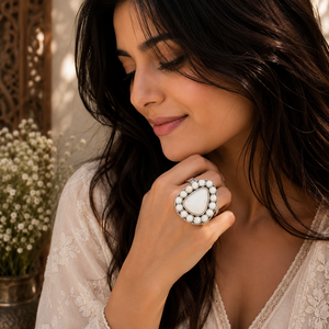 White Turquoise <b>Adjustable</b> Statement <b>Ring</b> Handmade Western Boho Gemstone Jewelry for Women Gift - Product Image 1