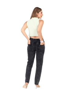 Jean en denim tissé uni pour femme, taille haute, coupe droite, jambe large, longueur cheville, style décontracté streetwear, été - Product Image 3