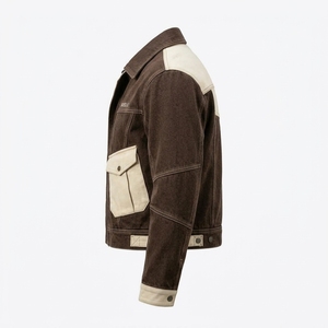 Veste utilitaire en toile denim délavée marron pour homme, style camionneur, avec patchwork contrastant personnalisé, vintage, décontractée, streetwear - Product Image 4