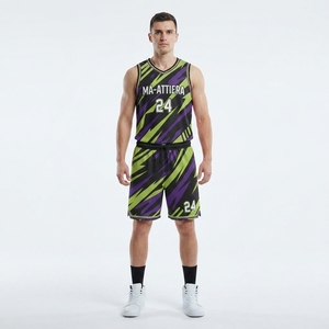 Ma-Attiera Ensemble de maillot et short de basketball pour hommes, personnalisé, motif éclair noir, violet et vert, taille 24 - Product Image 1
