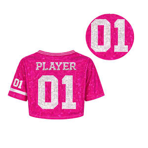 Maillot de football américain court pour femme avec numéro en strass, col en V en maille, haut streetwear respirant en polyester, fourniture OEM - Product Image 2