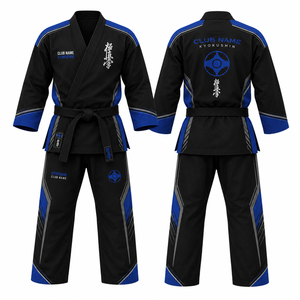 MEGAMAPLE Kyokushin Karate Gi <b>Black</b> Blue Embroidered V-Neck Full Sleeve Cotton Breathable Adult Men's Regular Fit MEGAMAPLE Club - Product Image 1