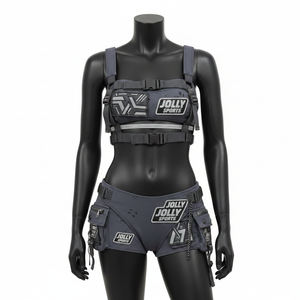 Traje de bikini de nailon y elastano para mujer, gris oscuro, tela de alto rendimiento con panel de arnés, bolsillo cargo, bikinis personalizados para mujer - Product Image 6