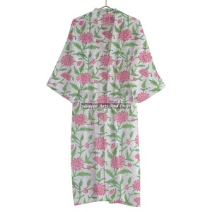Albornoz Kimono de algodón con estampado de bloques de mano elegante con bolsillos delanteros de manga larga y cintura con lazo para ropa de dormir de verano - Product Image 1