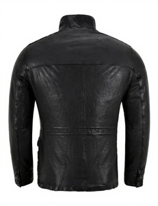 Veste moto en cuir véritable noir pour homme, col montant, fermeture éclair, coupe ajustée, longueur standard, pour l'automne - Product Image 2
