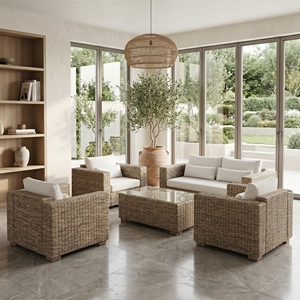 Saint Martinez Patio Setss Mahogany Wood Kuboo Rattan Grey Weaving Ksvw Fabric <b>Sofa</b> Chairs Coffee Table Luxury Outdoor Furniture - Product Image 3