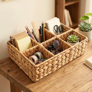 Handcrafted Water Hyacinth Desktop Storage Basket – Natural Woven Desk Organizer <b>Tray</b> with 6 Sections for Home, <b>Office</b> Supplies - Product Image 2