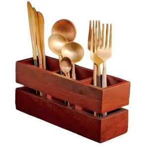 Organisateur de couverts en bois de manguier à 4 compartiments, poignées latérales en laiton à profil bas, boîte de rangement rectangulaire pour ustensiles - Product Image 5